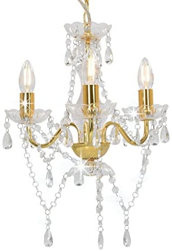 vidaXL Kronleuchter mit Perlen Deckenleuchte Lüster Kristall Lampe Leuchte Wohnzimmer Hängeleuchte Hängelampe Pendelleuchte Deckenlampe Golden Rund 3xE14