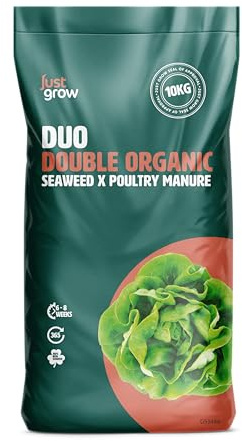 Just Grow DUO Organic Fertiliser Pellets 10kg. Seaweed & Chicken Manure Blend. Professional Organic Plant Food for Fruit & Vegetables. Improves Soil Structure, Yield & Uniformity