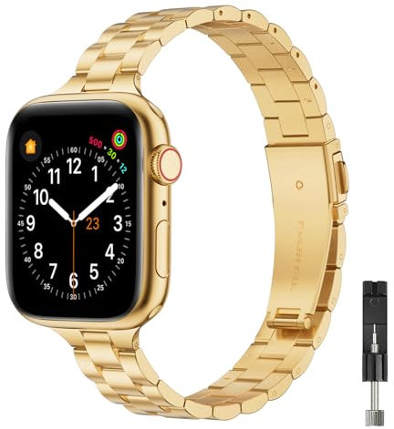 GEARYOU Metall Armband Kompatibel mit Apple Watch Armband 40mm 38mm 41mm 42mm (Series 10),Slim Edelstahlarmband Kompatibel mit iWatch Serie 10/9/8/7/6/5/4/3/2/1, SE (38mm 40mm 41mm Golden)