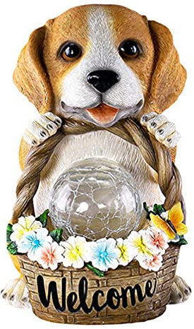 BESPORTBLE Hund Figur mit Blumenkorb LED Solarleuchten Gartenleuchte Garten Solar Deko Tiere Außen Gartenlampe Gartenfiguren Halloween Tischdeko Weihnachten Gartendeko Lampen für Rasen Terrassen Deko