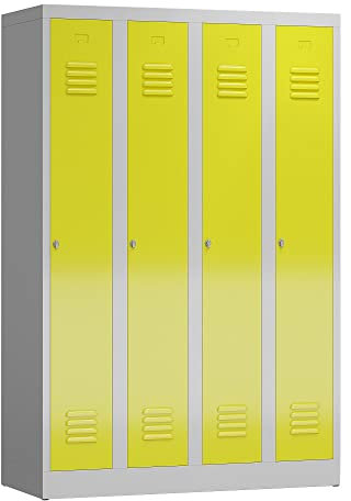 Lüllmann 4er Spind Spint komplett montiert Größe: 180x120x50cm Umkleide Stahl Spindschrank Gaderobenschrank (RAL 7035/1018 lichtgrau/zinkgelb)