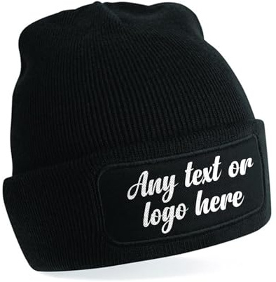 Personalised Beanie | Any Text, Any Image or Logo Patch Beanie | Custom Men’s Skullies & Wooly Hats with Adjustable Fit | Perfect for Winter Wear | Unisex Gift (Black)