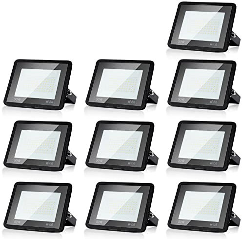 Randaco 50W Faretto LED da Esterno, Super Luminosa 4250LM Bianco Freddo 6000K Fari LED, IP66 Impermeabile Proiettore LED da Esterno per Corridoio, Cortile, Parco Giochi, Garage (10PCS)