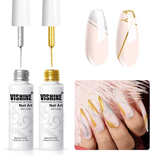 Vishine Vernis Semi-Permanent, 2 Couleurs Or et Argent Pailletés gel liner nail, Vernis à Ongles Gel la peinture au trait, Kit de manucure salon de conception d'ongles 8ml