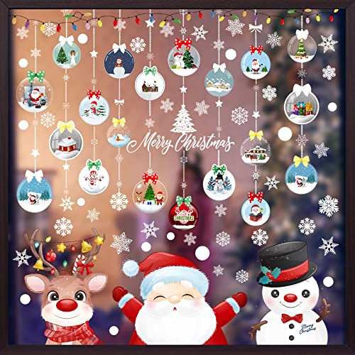Vetrofanie Natalizie per Finestre, Addobbi Natalizi Vetrofanie Natale Rimovibile Statici in PVC, Bianco Inverno Adesivi Natalizi Contiene Fiocco di Neve Babbo Natale Natalizia Alci
