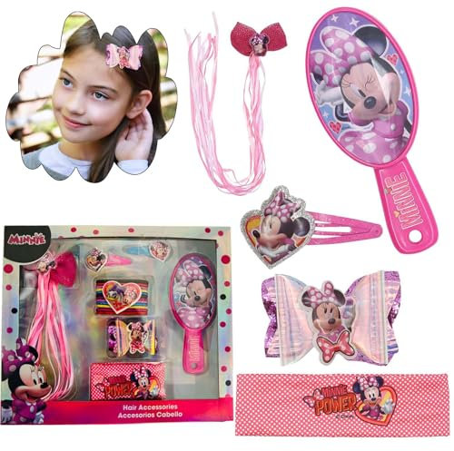 18PCs Minnie Mouse Girls Hair Accessories Kit, Disney Hair Set - Hair Brush, Clip, Hair Bow with Christmas Hair Bands, Headwear Styling Tool Set, Xmas Gift for Girls Kids 3+