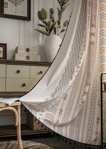 iyoimono Boho Vorhänge Orange Geometrie Vintage Vorhänge Landhausstil Häkeln Stricken Gardinen,Baumwolle Leinen Quaste Transluzente Gardinen für Küche Wohnzimmer Schlafzimmer,2 Stück,B150×H260cm