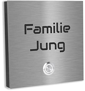 Jung Edelstahl Design Türklingel Wien - Klingel V2A Edelstahl - incl. Gravur - LED Taster wählbar - Aufputz/Unterputztürklingel (Edelstahl, 12x12 cm)