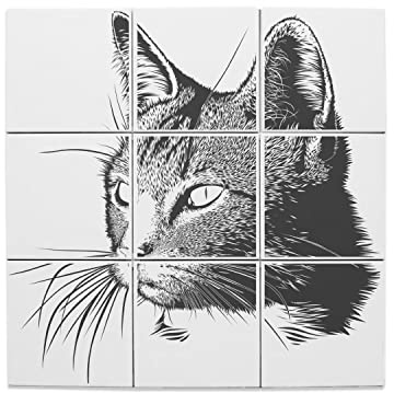 Fabulous Set di 9 piastrelle in ceramica decorative, 20 x 20 cm, motivo: gatto disegno schizzo, matita gatto domestico, arte (dimensioni totali 60 x 60 cm)