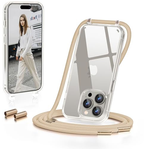 GOODVISH Handykette iPhone 15 Pro Max Hülle mit Band 6,7 Zoll, Transparent Necklace Handyhülle iPhone 15 Pro Max mit Kette, Stossfest Schutzhülle, [Abnehmbar Umhänge] Stylische case, Beige