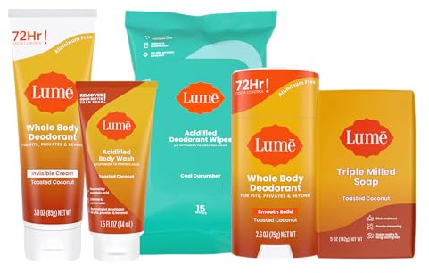 Lume - Deodorant starter pack for the whole body: solid bar, invisible cream tube, acidified mini bath gel, soy soap