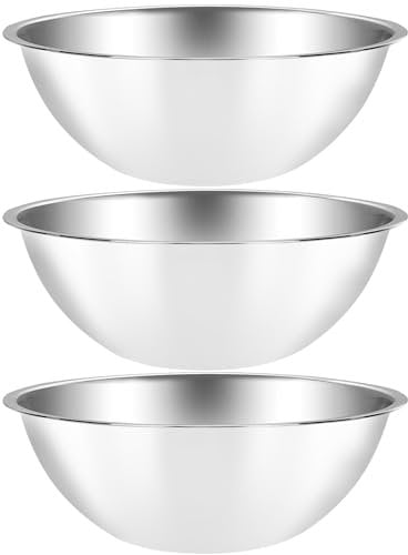 Suwimut 3 Pack Stainless Steel Mixing Bowls, 5 Quart Flat Base Stainless Steel Serving Bowls, 33cm/13inch Mirror Polish Large Metal Bowl Set for Kitchen Cooking, Baking, Prepping