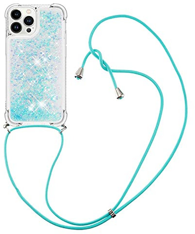 IMIRST Lanyard Handyhülle Kompatibel mit iPhone 15 Pro Max Bling Liquid Glitter Silikon Shell Stoßfeste Kawaii Abdeckung mit Schnur Halskette Hülle für Apple iPhone 15 Pro Max. LP Star Blue