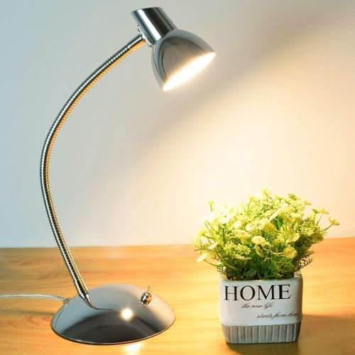 Depuley Schreibtischlampe Kinder Chrom, LED Tischlampe Wohnzimmer Silber, 5W 400LM Leselampe Warmweiß mit Schwanenhals, Nachttischlampe Vintage für Schlafzimmer Kinderzimmer Büro Arbeitszimme