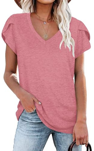 NARRAME T-Shirt d'été à Manches Courtes et col en V pour Femme Uni Rose foncé Moyen M 38-40