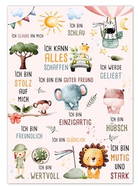 Affirmationsposter für Kinder – Stärke Selbstvertrauen & Positivität – A4/A3, Weiß, Blau oder Rosa (A4, Rosa)