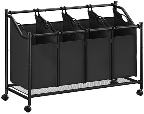 SONGMICS Cesto para Ropa Sucia con Ruedas, Carrito para Lavandería con 4 Bolsas Extraíbles, Cesta Ropa, Carro de Ropa, para Cuarto de Lavado, Dormitorio, Baño, 4 x 45 L, Negro Tinta RLS103B01