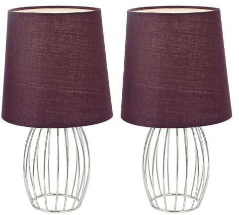 Nachttischleuchte Textilschirm lila Tischlampe Metallgitter Beistellleuchte Gitter chrom, Kabellänge 1,5m, 1x E14 Fassung, DxH 16x29 cm, 2er Set