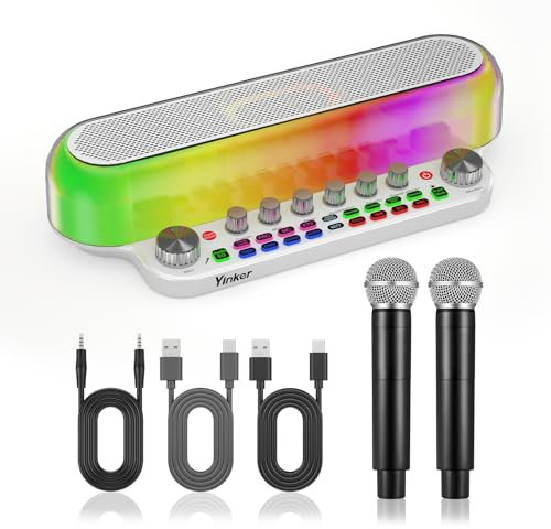Yinker Audio Mixer Bluetooth Maschine mit 2 Kabellose Mikrofones Tragbarer Karaoke Lautsprecher, Live Sound Karte mit Bass/Höhen/Sound Effekte/OTG/AUX für Live Stream, Home Party, Outdoor