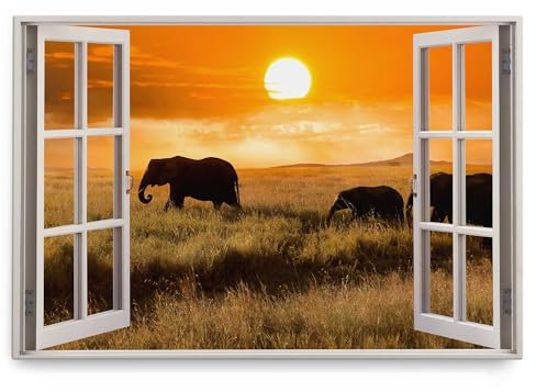 Paul Sinus Wandbild 120x80cm Fensterbild Afrikanische Landschaft Natur Elefant Sonnenunterhang Rot