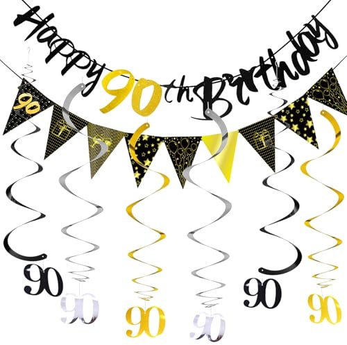 ALEGRE 90 Geburtstag Mann Frau Deko, 90 Geburtstag Deko Banner Wirbel Set, Deko 90. Geburtstage Mann Luftschlangen, 90. Geburtstage Deko Girlande Spiralen Gold,Partydeko 90er, Geburtstagsdeko 90 Jahre