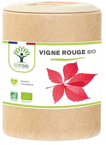 Vigne rouge Bio - Complément alimentaire Bioptimal - Jambes Lourdes Peau Saine Circulation Sanguine Hémorroïdes - 300 mg de Feuille de Vigne x gélule - Made in France - Certifié Ecocert - 200 gélules