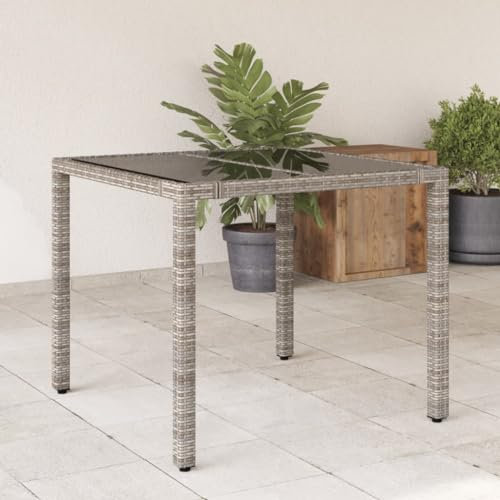 Homgoday Gartentisch mit Glasplatte Grau 90x90x75 cm Poly Rattan Balkontisch Garten Esstisch Terrassentisch Gartenmöbel Tisch für Garten Balkon Terrasse