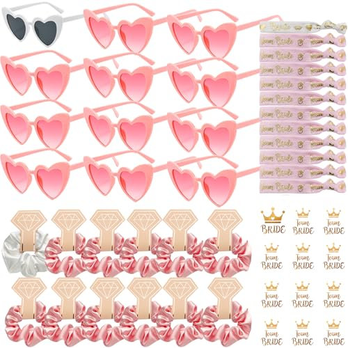 48 Pièces Lunettes en Forme de Coeur Bracelets Team Bride Autocollants Kit,Lunettes Evjf 12 Paires,Bracelets Team Bride Lunette,Accessoire de Costume pour DéCoration de Mariage
