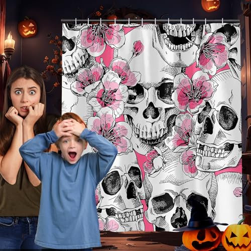 Rideau de douche Halloween motif tête de mort imperméable et résistant à la moisissure 100 % polyester 180 x 180 cm Rideau de douche, tapis de salle de bain, housse de siège de toilette pour couvercle