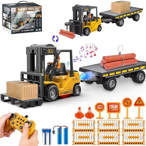VWAHNANA RC Forklift Toy with Trailer, 3 in 1 Remote Control forklift with Transform Lift Fork & Hook, 11 Channel RC Construction Toys with 2 Battery,Spray,Light, RC Forklift for Adults Kids Boys Gift