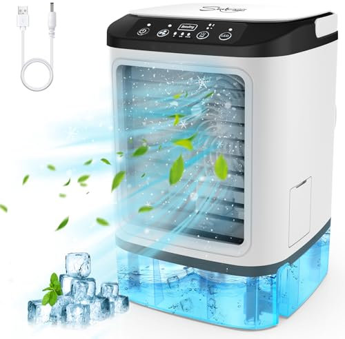 Portable Air Conditioner, Mini Air Conditioning Unit with 900ml Water Tanks & lcebox, 3 Speed & Boost Mode, 2 Spray Cool Mist & 7 LED Light Air Cooling Fan, Personal Air Cooler for Bedroom Office Desk
