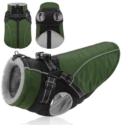 KONVINIT Hundemantel mit Geschirr für große Hunde,Wasserdichter Wintermantel mit Integriertem Geschirr, reflektierend und kuschelig warm