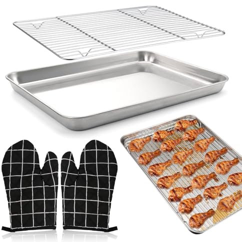 Placa Inox Cuisine Rejilla Horno - Juego de Placas de Acero Inoxidable Rectangulares, con Guantes Anti-quemaduras - Ideal para Cocina Casera y Pasteles.