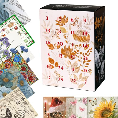 Adventskalender mit 72 Servietten im Vintage-Stil. Motive von Papierservietten Blumen Winter Weihnachten Vintage mit 24 verschiedenen Motivservietten. Auch für Decoupage und Serviettentechnik 33x33cm