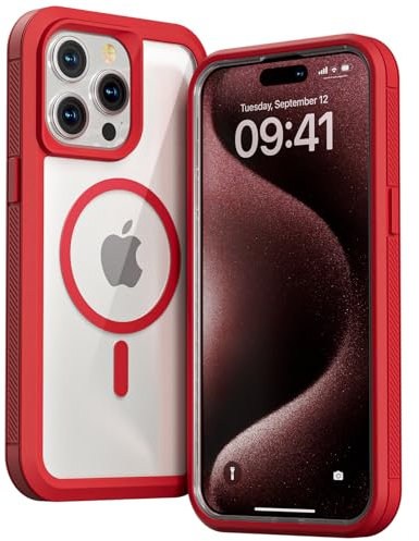 Follaroma for iPhone 15 Pro Max case Compatible with MagSafe, Double Layer Heavy Duty Shockproof Protection Phone Case, Transparent Magnetic Protective Cover for iPhone 15 Pro Max, 6.7'', Red