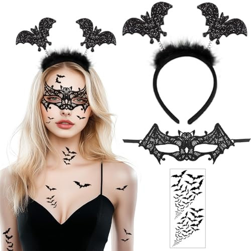 BOYATONG Fledermaus Kostüm Faschingskostüme Damen, Haarreif + Maske + Gesichtstattoo für Karneval, Kostüm Fledermaus Fasching Halloween Accessoires für Mottoparty Cosplay