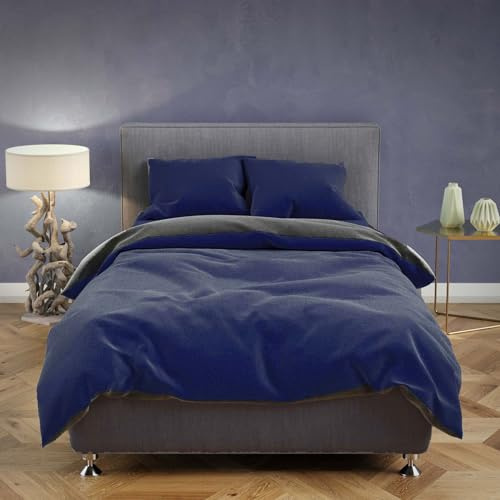 Buymax Teddy-Fleece Bettwäsche 155x220 cm Winter Flausch Plüsch 2 teilig Winterbettwäsche Fleece Reißverschluss Kissenbezug 80x80 cm, Unifarben, Dunkelblau, Grau
