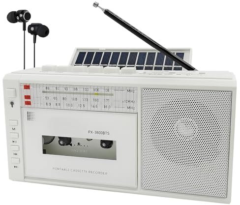 Cassette Tape Player Boombox, Record to Cassettes, AM FM Radio Recorder, Solar/Rechargeable Battery, Tape Player with Bluetooth, Flashlight, Headphone Jack, Support 32GB SD Card/USB Cassette Player