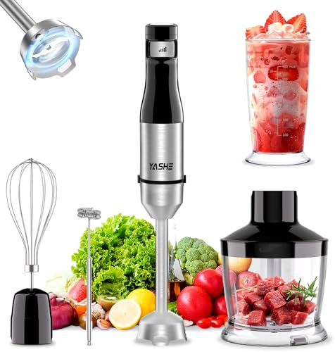YASHE Hand Blender, 5-IN-1 Stainless Steel Handheld Blender, 1000W Electirc Immersion Blender, Continuously Variable Speed,with Chopper, Whisk and Measuring Cup for Making Baby Food, Sauce, Soup