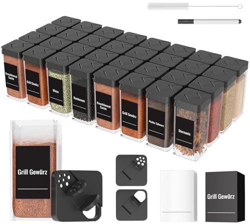 Homhut Pot a Epices, Bocaux à Épices 32 Pièces, Plastique Robuste Pot à Épices Sceller Avec Couvercle, 120ml Boite à Épices Cuisine Rangement Avec 36 Étiquettes Epices, Brosse, Stylo
