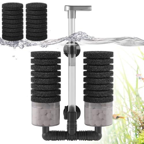 VILLNO Air Powered Aquarium Sponge Filter with Biochemical Sponge and Ceramic Balls, Quiet Submersible Fish Tank Filter for 50-200L Fresh Water and Saltwater