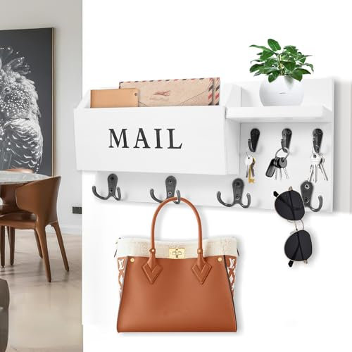 BTBHIHO Schlüsselbrett,Schlüsselbrett mit Ablagen,Wandschlüssel- und Briefhalter,Wandschlüsselbrett mit 7 Haken für Wohnzimmer,Küche,Büro, Schlafzimmer(Weiß)