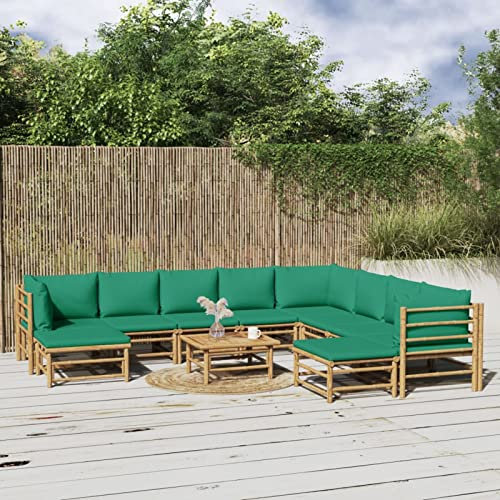 11-teiliges Bambus-Garten-Lounge-Set mit grünen Kissen, Outdoor-Terrassenmöbel, stilvolles Gartensofa & Stühle, bequeme Sitzgelegenheit für Hinterhof & Terrasse Entspannung
