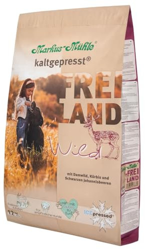 Markus-Mühle Freiland - FREILANDzutaten - Für empfindliche Hunde - 100% kaltgepresst - Premium Hundetrockenfutter (12kg, Wild)