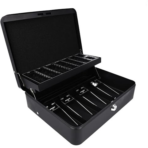 Westcott Geldkassette abschließbar (groß, 30cm) Schwarz | Robuste Kasse mit Zylinderschloss inkl. 2 Schlüssel | 4 Scheinfächer und Münzzählbrett zur Bargeldorganisation | E-51003 BLACK