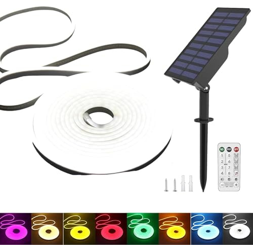KISUFU 24V Solar Neon LED Streifen, 2835 120 LEDs/m IP65 Wasserdicht Solar Flexible Neon DIY Strip Lichtband mit 1.5W USB-Lade-Plug-in-Solarregler für Garten im Freien, Party, Hochzeitsdekoration.