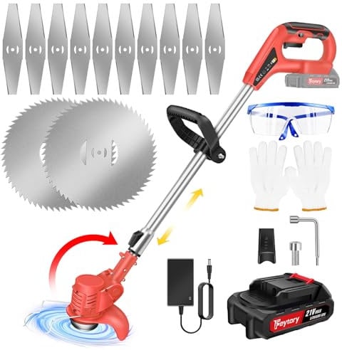 Cordless Strimmer 21V Grass Trimmers with Battery and Metal Blade, Electric Garden Strimmer 90° Head Adjustment for Lawn Edger Pruning Weed
