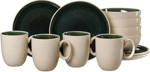 Ritzenhoff & Breker Skog Frühstücks-Set 12-teilig für 4 Personen – Henkelbecher, Dessertteller & Müslischalen aus Steingut – skandinavisches Design mit Reaktivglasur – spülmaschinenfest – Dunkelgrün
