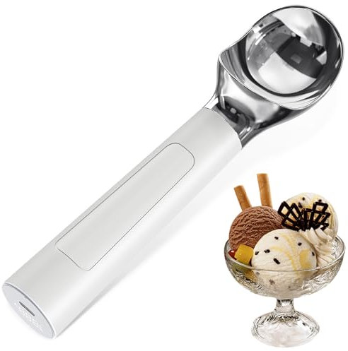 Electric Ice Cream Spoon with Heating Function - Heated Ice Cream Scoop up to 70°C, 2000 mAh Battery, USB-C, Non-Stick for Hard Ice, Ice Cream Scoop Household & Professional Kitchen, White