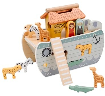 wunderwunsch smallfoot Arche Noah personalisiert Taufgeschenk | Holz Arche Noah mit Tieren für Kinder mit Namen ab 12 Monaten